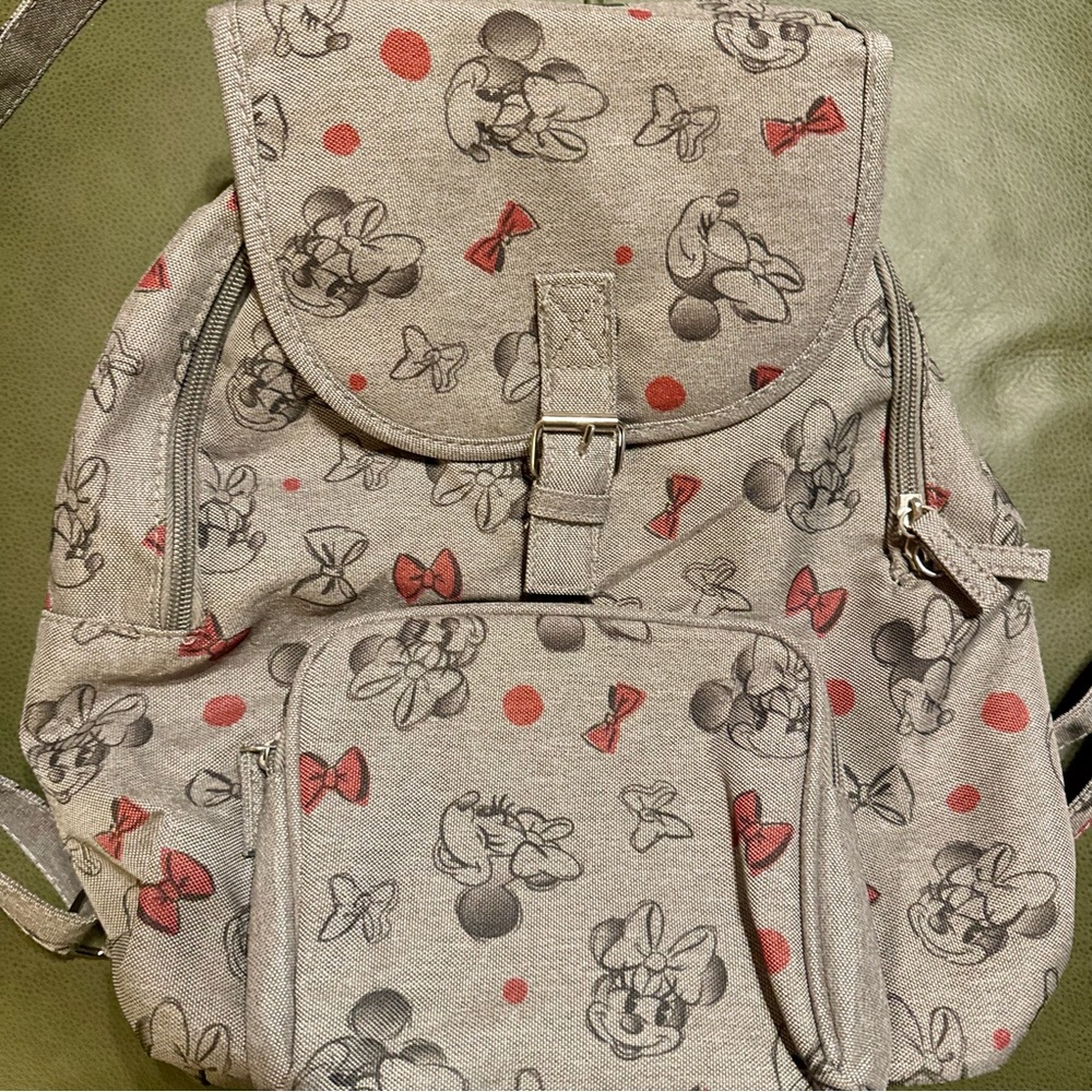 Disney Minnie Mouse Print Backpack 14"x12" Grey With Red And Black Bows. - Picture 5 of 14